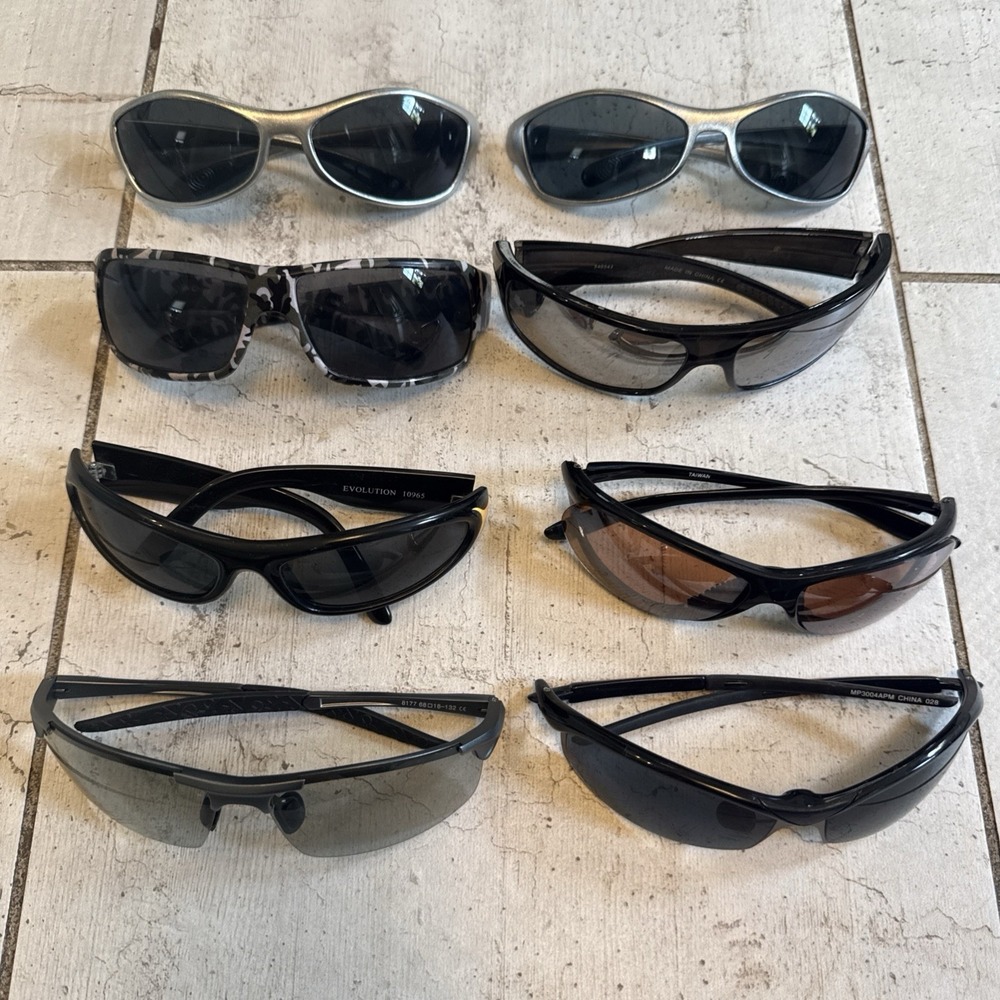 LOT OF OF 8 PAIRS WRAP SUNGLASSES: FISHING, SPORTS, CYCLING: BLACK, CAMO, SILVER